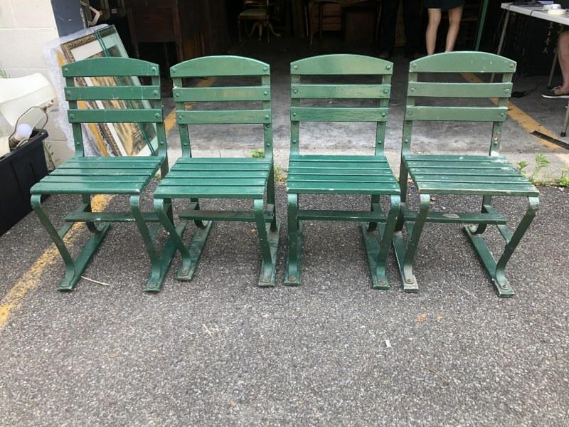 4 OLD IRON & WOOD SLAT CHAIRS FROM LOCAL ESTATE, (1 of 3)