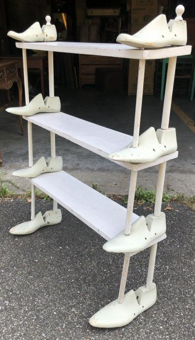 FOLK ART SHELF MADE WITH SHOE FORMS, MEASURES 32" W X: FOLK ART SHELF MADE WITH SHOE FORMS, MEASURES 32" W X 42" H X 11" DEEP