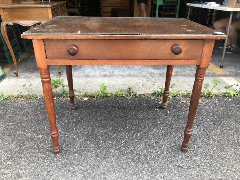 COUNTRY PINE 1 DRAWER WORK TABLE W/PLATE GLASS TOP, (1 of 3)