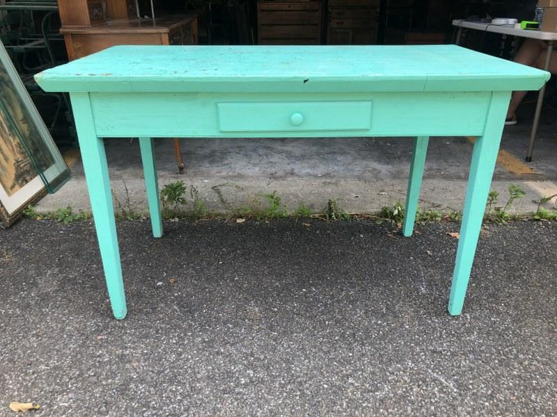 COUNTRY WORK TABLE W/FAUX DRAWER, COOL OLDER PAINT,: COUNTRY WORK TABLE W/FAUX DRAWER, COOL OLDER PAINT, MEASURES 49" X 25.5" X 30" HIGH