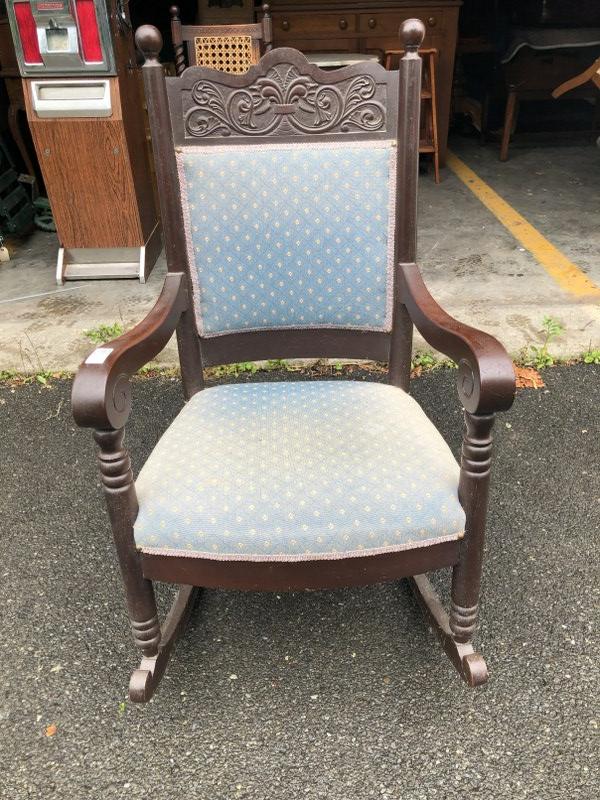 MAHOGANY CARVED ROCKING CHAIR, STRUCTURALLY SOUND,: MAHOGANY CARVED ROCKING CHAIR, STRUCTURALLY SOUND, ESTATE CONDITION