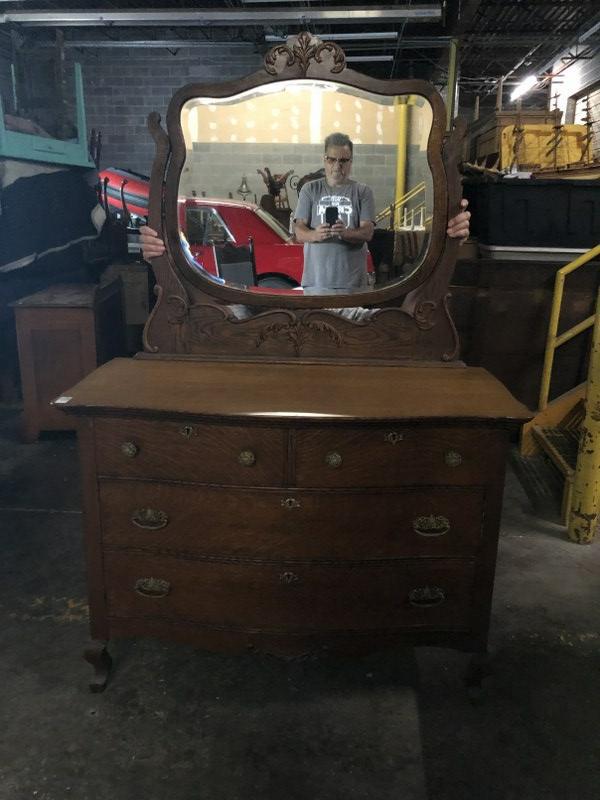 QUARTER SEWN OAK DRESSER WITH MIRROR, MEASURES 45" W X (1 of 3)