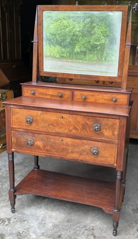 MAHOGANY SHERATON INLAID DRESSER W/MIRROR, MEASURES 34": MAHOGANY SHERATON INLAID DRESSER W/MIRROR, MEASURES 34" W X 19" DEEP X 62" HIGH TO TOP OF MIRROR, BEVELED MIRROR WITH SOME FADING, OLDER REFINISH