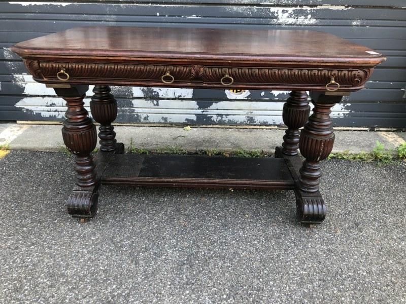 CARVED WALNUT 2 DRAWER LIBRARY TABLE, OLD FINISH, (1 of 5)