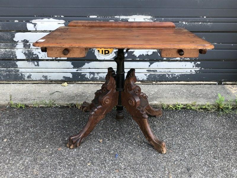 EARLY MECHANICAL DRAFTING TABLE W/CLAW FOOT BASE, TOP (1 of 8)