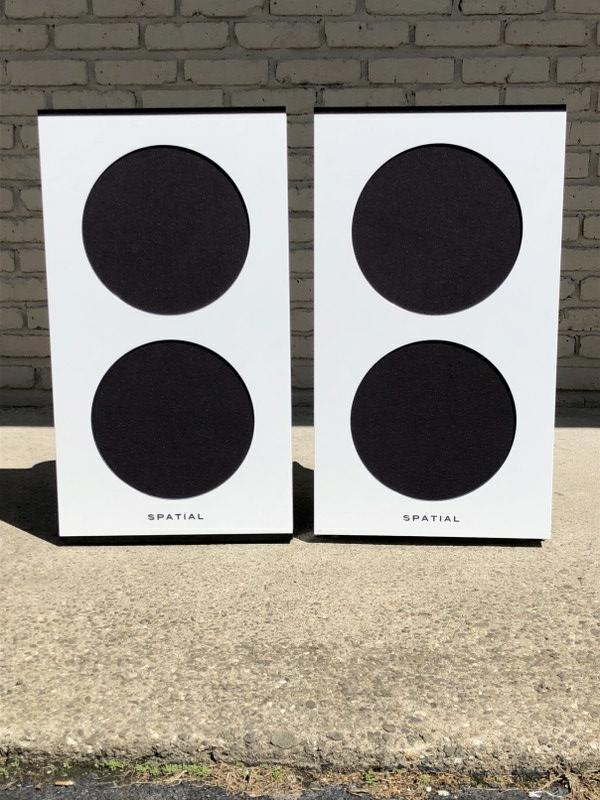 PAIR SPATIAL HOLOGRAM M2 TURBO SPEAKERS, FROM WONDERFUL: PAIR SPATIAL HOLOGRAM M2 TURBO SPEAKERS, FROM WONDERFUL HUDSON VALLEY HOME, IN PRISTINE CONDITION EXCEPT FOR A BLACK STRIP OF BLACK PLASTIC, ON BOTTOM EDGE OF ONE, GREATMID CENTURY LOOK, SERIAL NUMBER