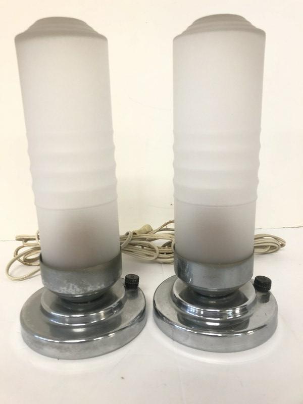 PAIR 1950'S CHROME BASE BOUDOIR LAMPS, FROSTED SHADES, (1 of 3)