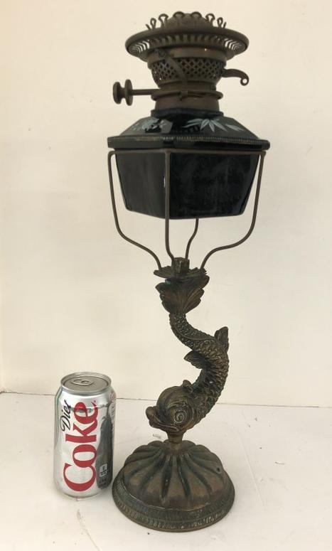 BRASS OIL LAMP WITH DOLPHIN BASE & HANDPAINTED FLORAL (1 of 7)