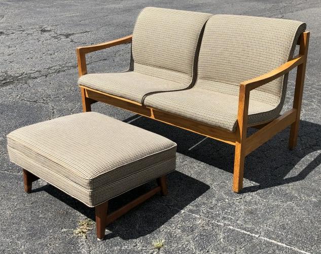 MID CENTURY THONET (?) UPHOLSTERED LOVESEAT & MID (1 of 8)