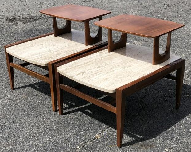 PR. MID CENTURY MODERN MARBLE TOP END TABLES, WALNUT, (1 of 4)
