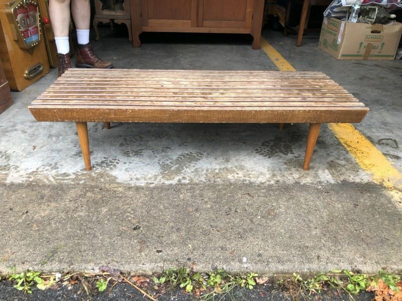 MID CENTURY SLAT TOP COFFEE TABLE, WEAR TO FINISH, (1 of 2)