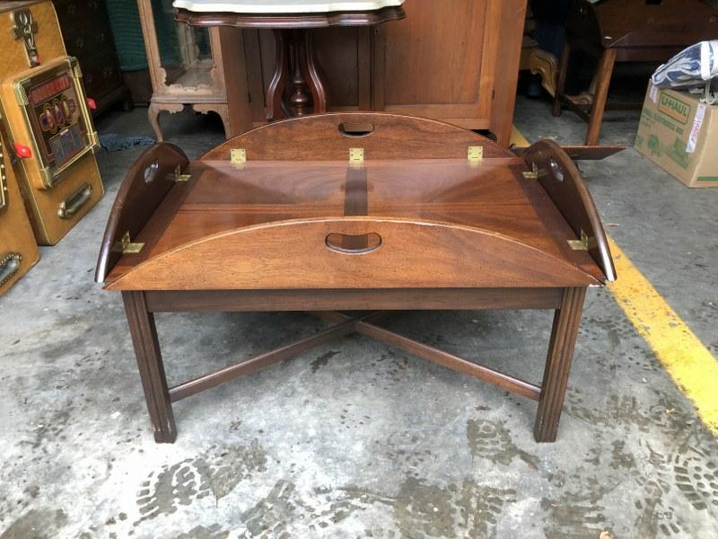 MAHOGANY BUTLER TABLE, TOP DOES NOT LIFT OFF, WHEN OPEN (1 of 3)