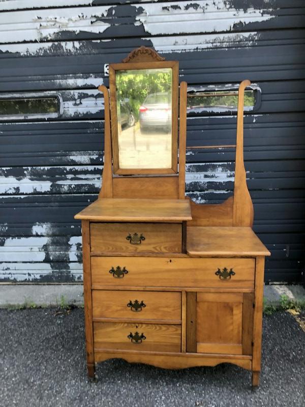 OAK DRESSER W/MIRROR AND TOWEL BAR, OLDER REFINISH, (1 of 2)