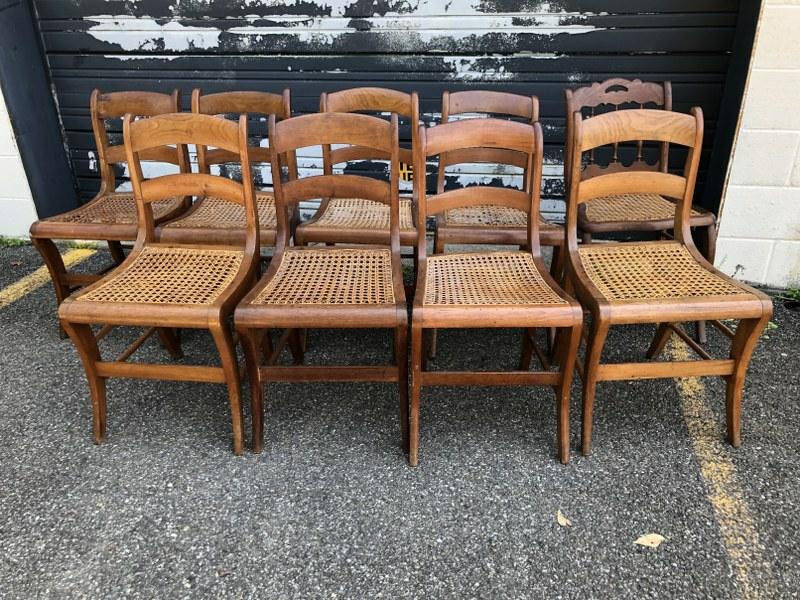9 OLD CHAIRS, 8 THAT MATCH AND 1 EXTRA, CANE SEATS, (1 of 3)