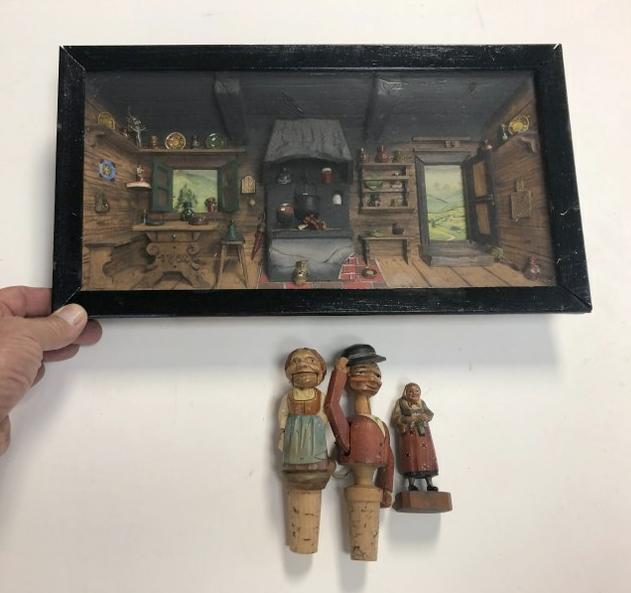 VINTAGE ANRI (?) SCENIC INTERIOR, 2 BOTTLE TOPPERS AND (1 of 3)