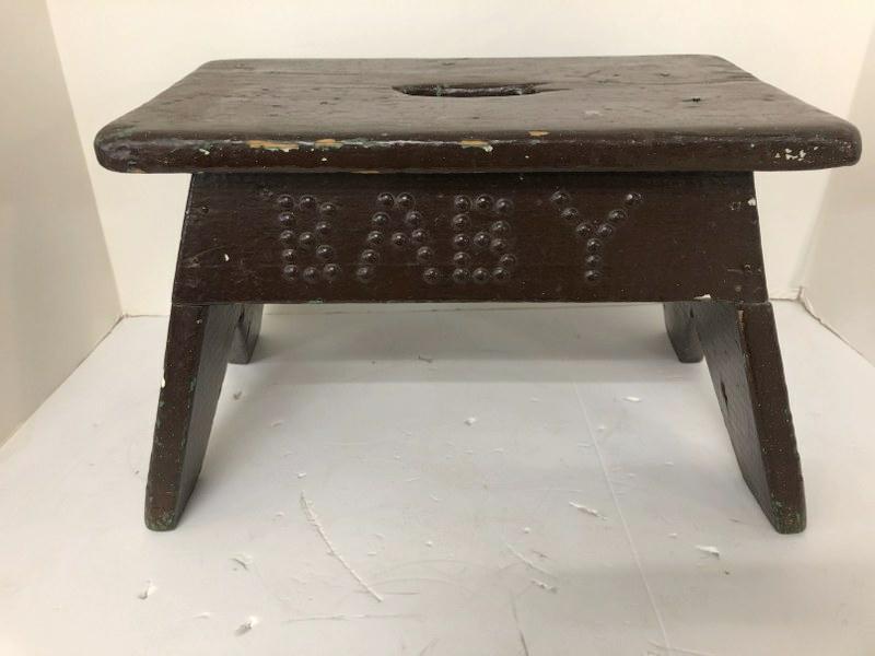 OLD PAINTED STOOL WITH ( BABY ) ON BOTH SIDES WITH (1 of 2)