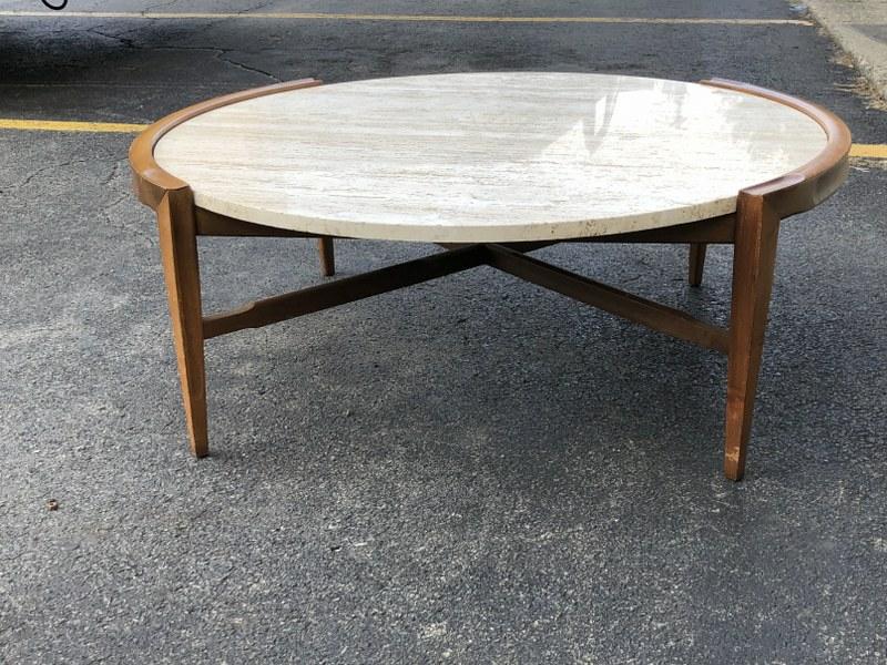 ROUND MARBLE TOP MID CENTURY WALNUT COFFEE TABLE, FROM (1 of 4)