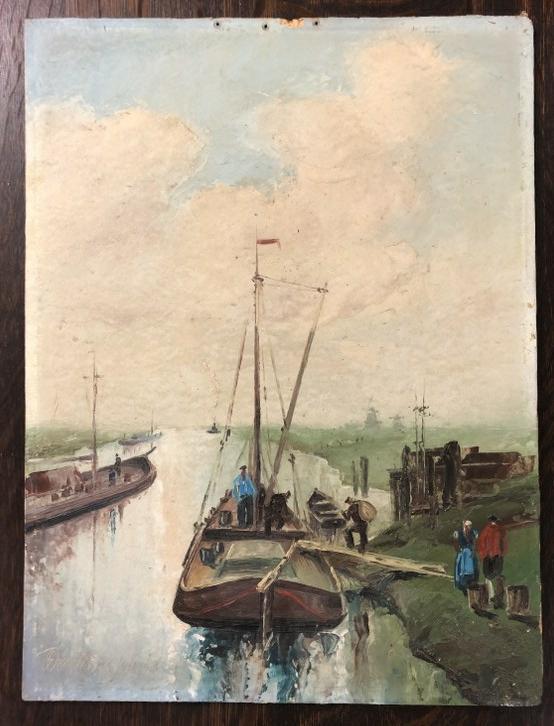 O/B IMPRESSIONIST SEASCAPE WITH SAILBOATS DOCKED, (1 of 7)