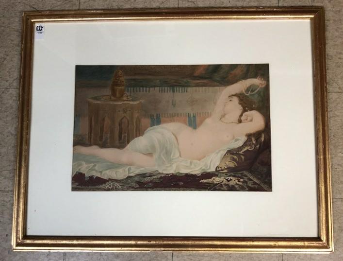 CHARLES Z. LANDELLE (1821-1908) W/COLOR NUDE RECLINING: CHARLES Z. LANDELLE (1821-1908) W/COLOR NUDE RECLINING WOMAN, SIGNED LOWER RIGHT, IN NICE GILT FRAME, FROM WOODSTOCK, N.Y. COLLECTION WE ARE SELLING, IN FINE CONDITION. ACTUAL IMAGE MEASURES 14.5" X 2