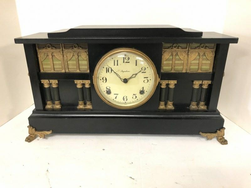 INGRAHAM MANTEL CLOCK, WONDERFUL DECORATIVE FRONT WITH (1 of 2)