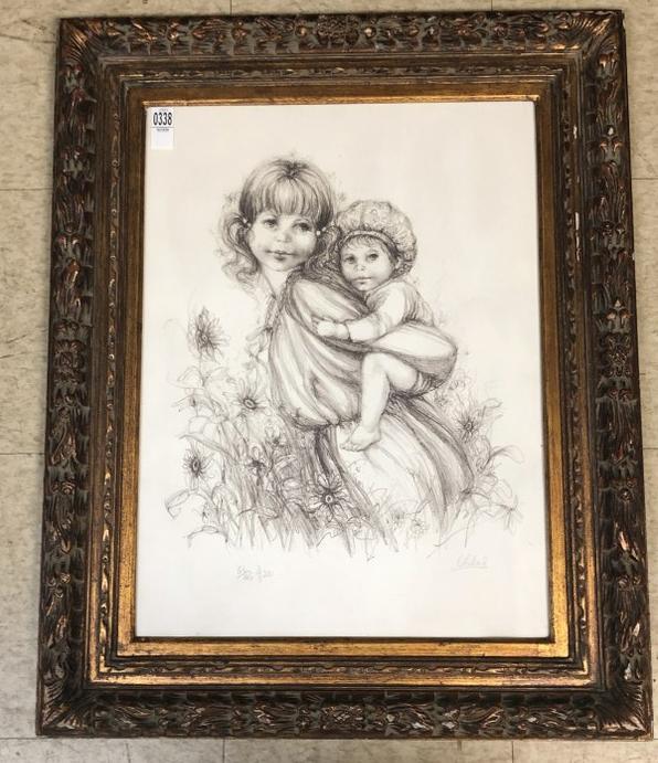 SIGNED VICKERS LE PRINT OF YOUNG WOMAN WITH CHILD ON: SIGNED VICKERS LE PRINT OF YOUNG WOMAN WITH CHILD ON HER BACK, 56/125 OF 250. IN NICE DECORATIVE FRAME, NICE CONDITION, FROM LOCAL ESTATE. ACTUAL IMAGE MEASURES 24.5" X 18".