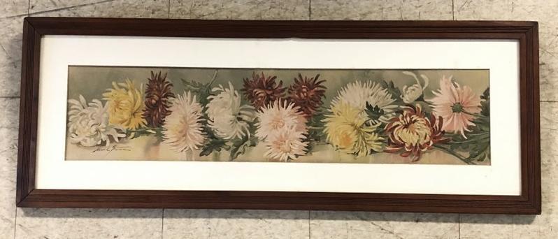 YARD LONG PRINT TITLED ( YARD OF CHRYSANTHENUMS, IN: YARD LONG PRINT TITLED ( YARD OF CHRYSANTHENUMS, IN FRAME OF PERIOD, OLD WOOD BACK ON THE FRAME, NICE ESTATE CONDITION, FROM WOODSTOCK, N.Y. FARM HOUSE. FRAME MEASURES 16" X 42".