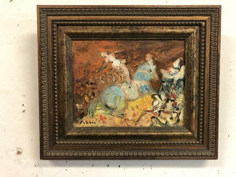 YITZHAK FRENKEL FRENEL (ISRAEL UKRAINE 1899-1981): YITZHAK FRENKEL FRENEL (ISRAEL UKRAINE 1899-1981) IMPRESSIONIST O/C FEMALE CIRCUS PERFORMER ON HORSE, WITH CLOWN ON RIGHT SIDE,SIGNED LOWER RIGHT, FINE CONDITION, IN FRAME OF THE PERIOD. FROM NYC ESTA