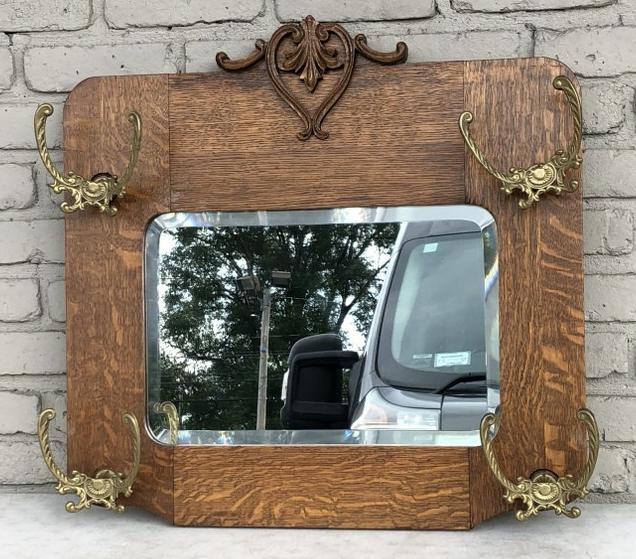 CIRCA 1900 QUARTER SEWN OAK MIRROR WITH LARGE BRASS (1 of 4)