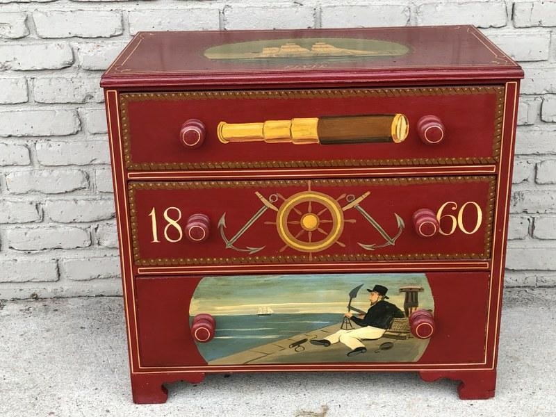 OLD 3 DRAWER DRESSER PAINTED LATER WITH NAUTICAL (1 of 5)