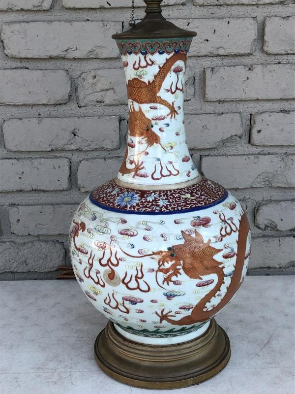 OLD ASIAN CERAMIC DECORATED VASE CONVERTED TO A LAMP (1 of 9)