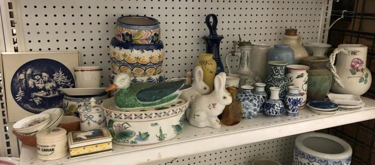 ESTATE SHELF LOT OF MISC. PORCELAINS AND CERAMICS, FROM (1 of 6)