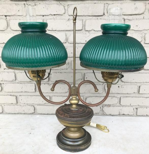 DOUBLE STUDENT LAMP WITH GREEN SHADES, BRASS PLATED: DOUBLE STUDENT LAMP WITH GREEN SHADES, BRASS PLATED BASE, WITH BRASS TUBE TO SOCKETS, MY GUESS IS THEY ARE LATER SHADES IN VERY NICE SHAPE, BASE HAS SOME SURFACE RUST.
