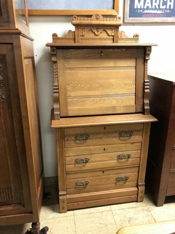 CHIP CARVED CHESTNUT DROP FRONT DESK WITH DRAWERS, (1 of 3)