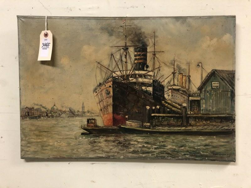 PIET VAN BEEK O/C SEASCAPE WITH LARGE SHIP DOCKED IN (1 of 5)