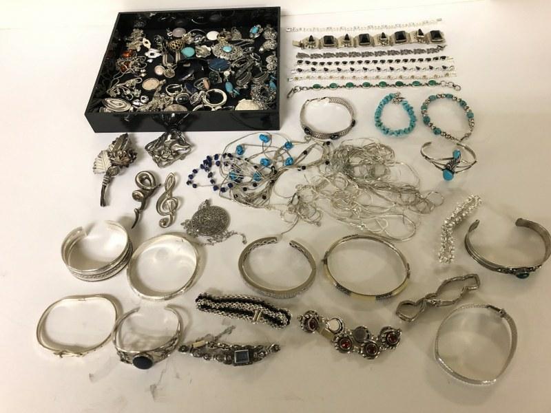 ESTATE LOT STERLING SILVER JEWELRY INCL. BRACELETS, (1 of 10)
