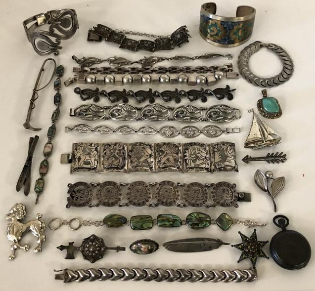 LOT OF VINTAGE STERLING SILVER PINS, BRACELETS, SOME (1 of 5)