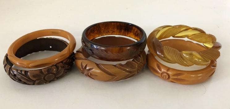 BAKELITE ((6) CARVED BRACELETS (HONEY & ROOT BEER), IN (1 of 6)