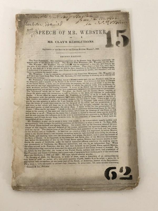 PAMPHLET- SPEECH OF MR. WEBSTER ON MR. CLAY'S (1 of 5)