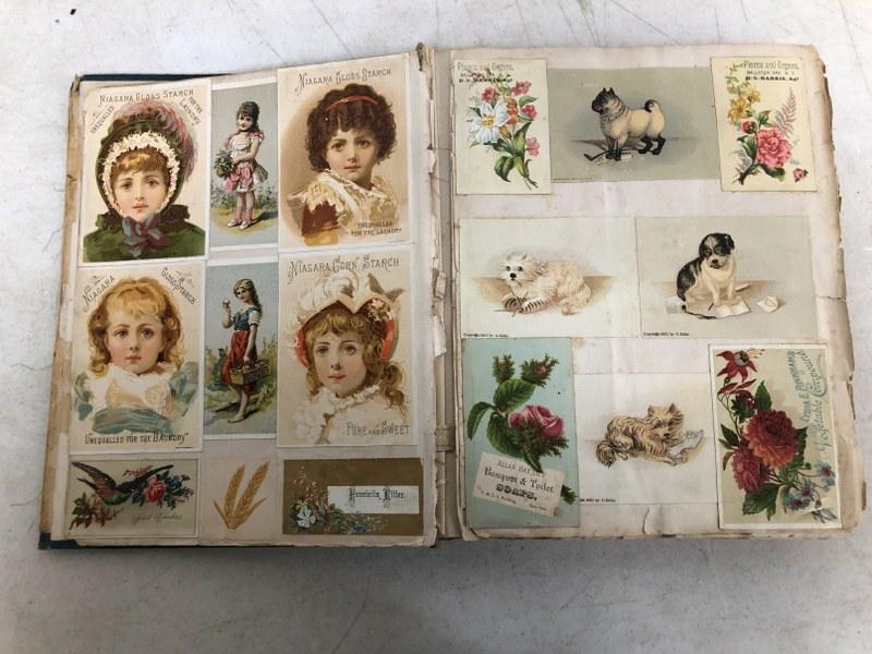 VICTORIAN TRADE CARD ALBUM, FULL, HUNDREDS OF CARDS, (1 of 12)