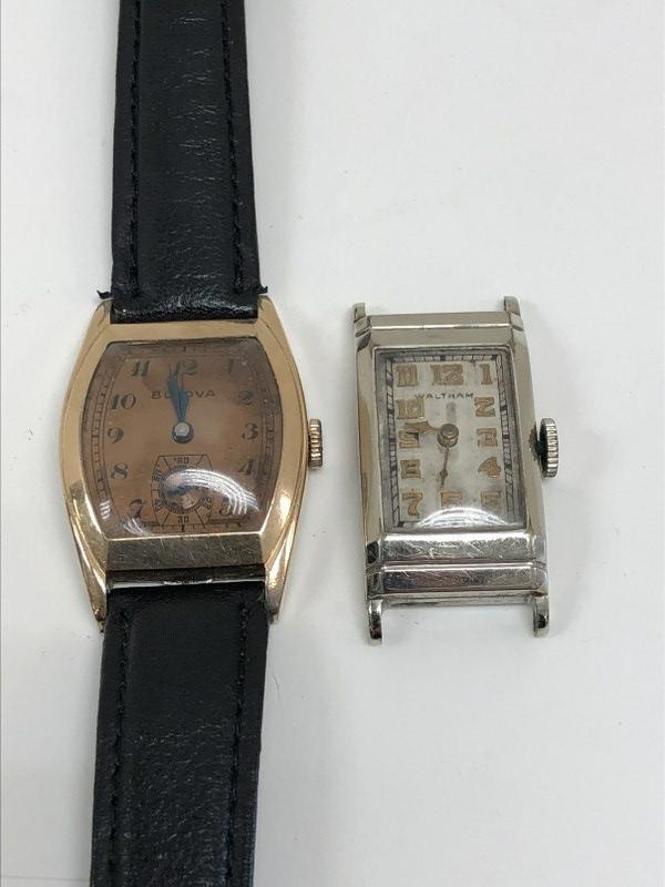 (2) VINTAGE MEN'S WRISTWATCHES, BULOVA & WALTHAM, ONE: (2) VINTAGE MEN'S WRISTWATCHES, BULOVA & WALTHAM, ONE WITH A BAND, BULOVA RUNNING NOW, PROBABLY IN NEED OF CLEANINGâ€¦..