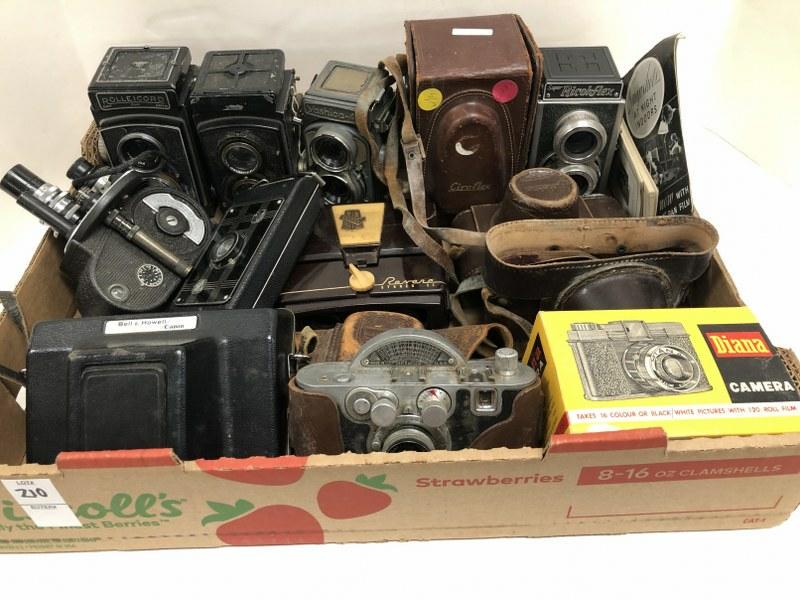 (10) VINTAGE CAMERAS IN DIFFERENT STATES OF CONDITIONS,: (10) VINTAGE CAMERAS IN DIFFERENT STATES OF CONDITIONS, SOME PROBABLY PARTS CAMERAS OR FOR DECORATIVE USE, ALSO INCLUDES 2 AS IS ROUGH CONDITION LEICA LEATHER CASES. FROM LOCAL ESTATE OF CAMERA COLLEC
