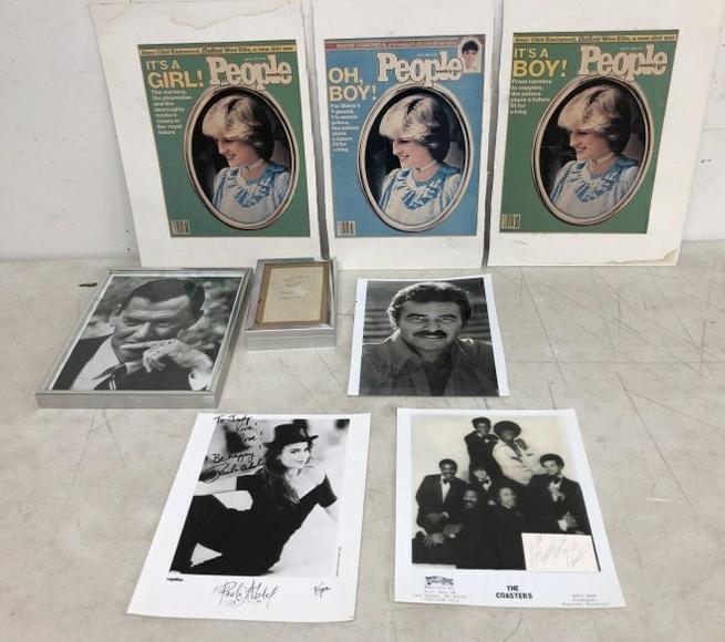 CELEBRITY AUTOGRAPH LOT INCL. THE COASTERS, PAULA: CELEBRITY AUTOGRAPH LOT INCL. THE COASTERS, PAULA ABDUL, BURT REYNOLDS, TONY RANDALL, DAVID STEINBERG, & (3) SAMPLE PRESS COVERS FOR PEOPLE MAGAZINE WITH PRINCESS DIANA ON COVERS. FROM LOCAL HOME IN H