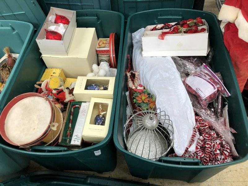 2 TUBS OF CHRISTMAS ITEMS INCLUDING ORNAMENTS, TINS, (1 of 1)