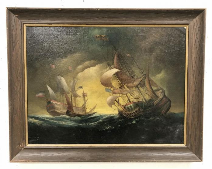 CIRCA 1910 O/C SAILBOATS IN ROCKY WATERS, WITH 2 MEN IN (1 of 3)