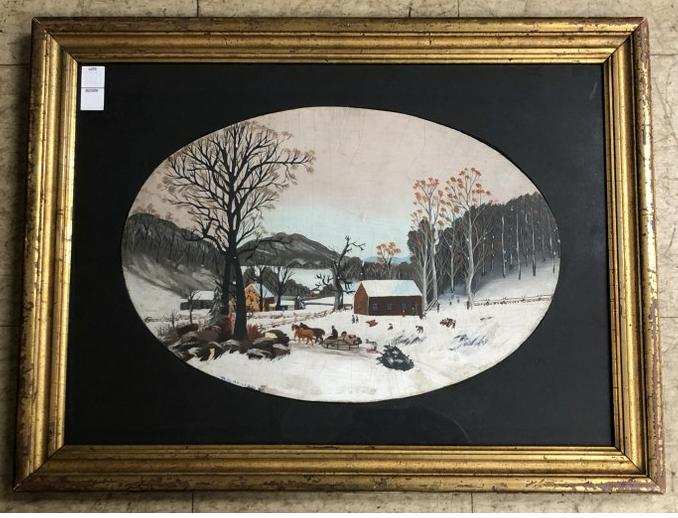 W H HOLLENBACK 19TH C O/B FOLK ART WINTER SCENE WITH (1 of 4)