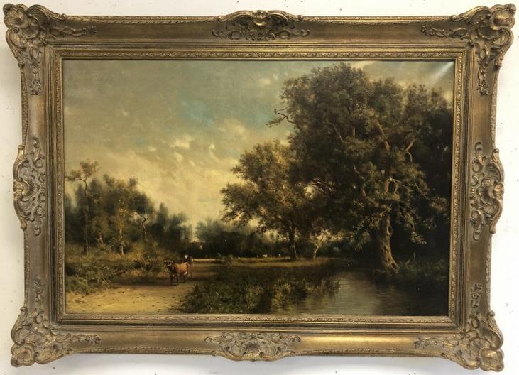 19TH C LARGE O/C LANDSCAPE WITH CATTLE IN FOREGROUND (1 of 4)
