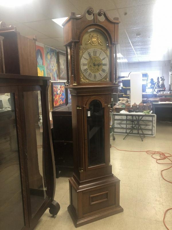 OAK GRANDFATHER'S CLOCK WITH BRASS TRIM, FROM LONG (1 of 13)