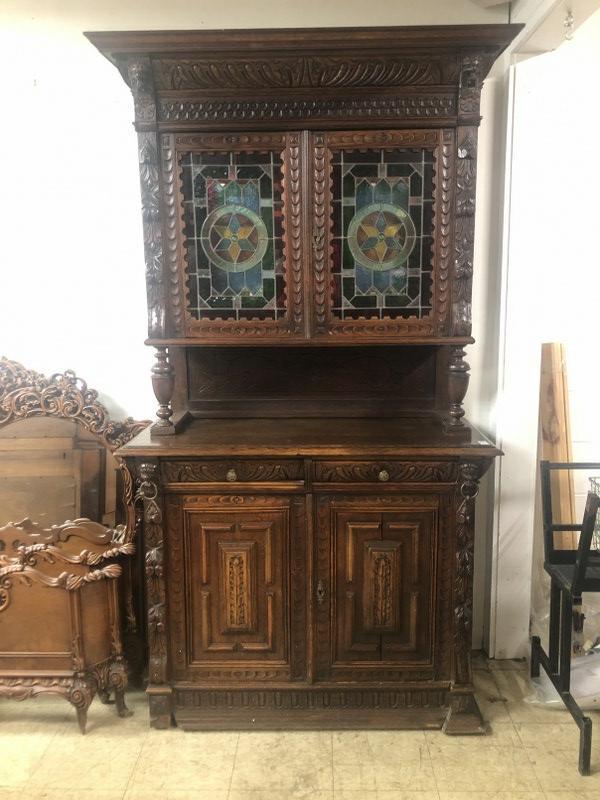 CONTINENTAL OAK 2 PART LEADED GLASS CARVED CUPBOARD, (1 of 8)