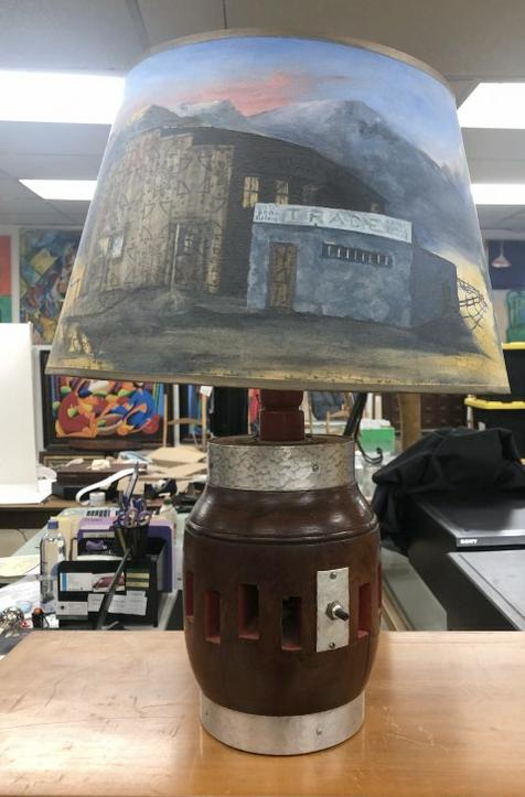 FOLK ART LAMP MADE FROM WAGON WHEEL HUB,  WITH (1 of 10)