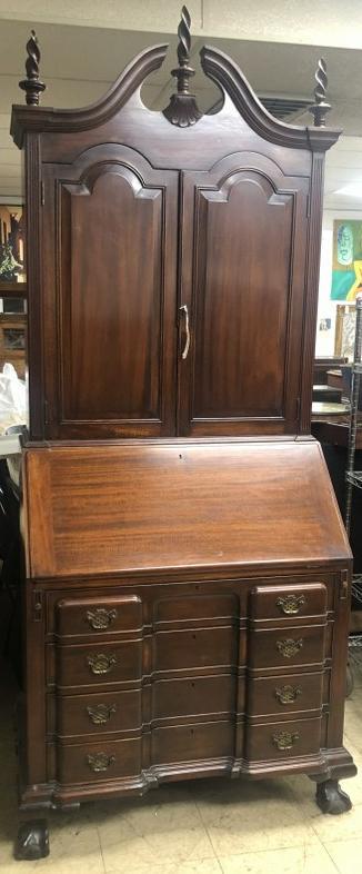 QUALITY OLDER MAHOGANY BLOCK FRONT SECRETARY BOOKCASE, (1 of 9)